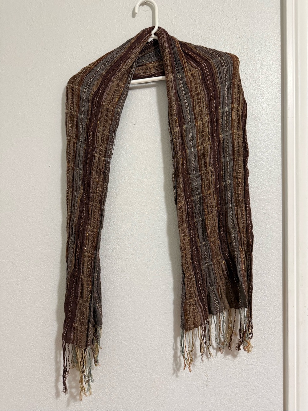 Y2K Woven Multicolor Striped Fringe Scarf - Brown/Gray